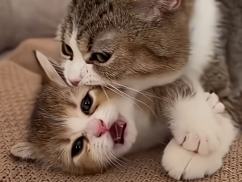 「逃がさないにゃ」子猫をホールドして毛づくろいする母猫さん