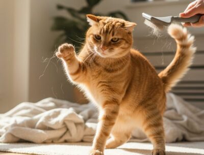 ブラッシングを嫌がって手を上げるイカ耳状態の茶トラ猫