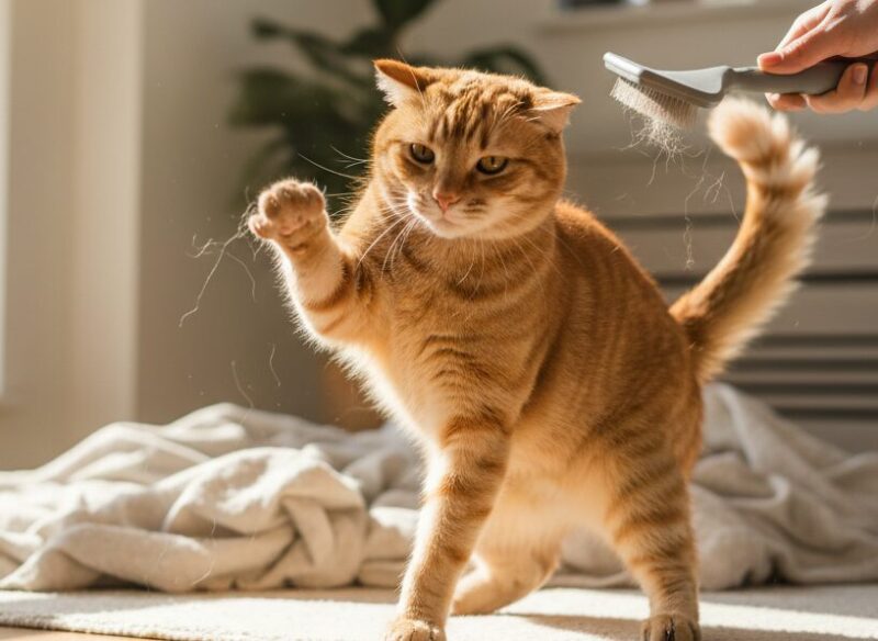 ブラッシングを嫌がって手を上げるイカ耳状態の茶トラ猫