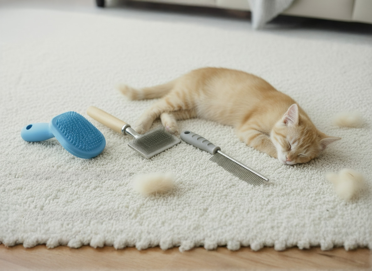 子猫とスリッカーブラシ、ラバーブラシ